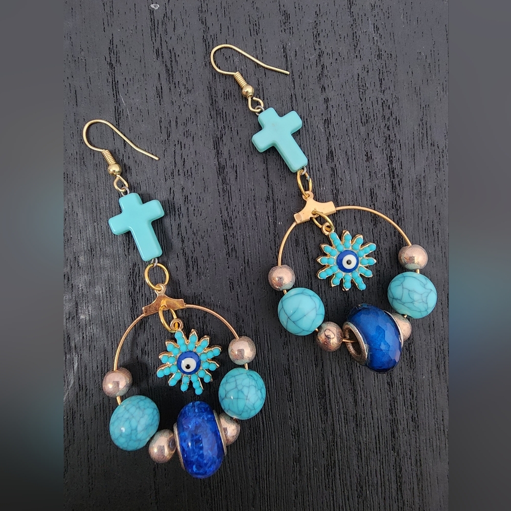 BrazenSoul Turquoise Cross & Evil Eye Boho Statement Earrings